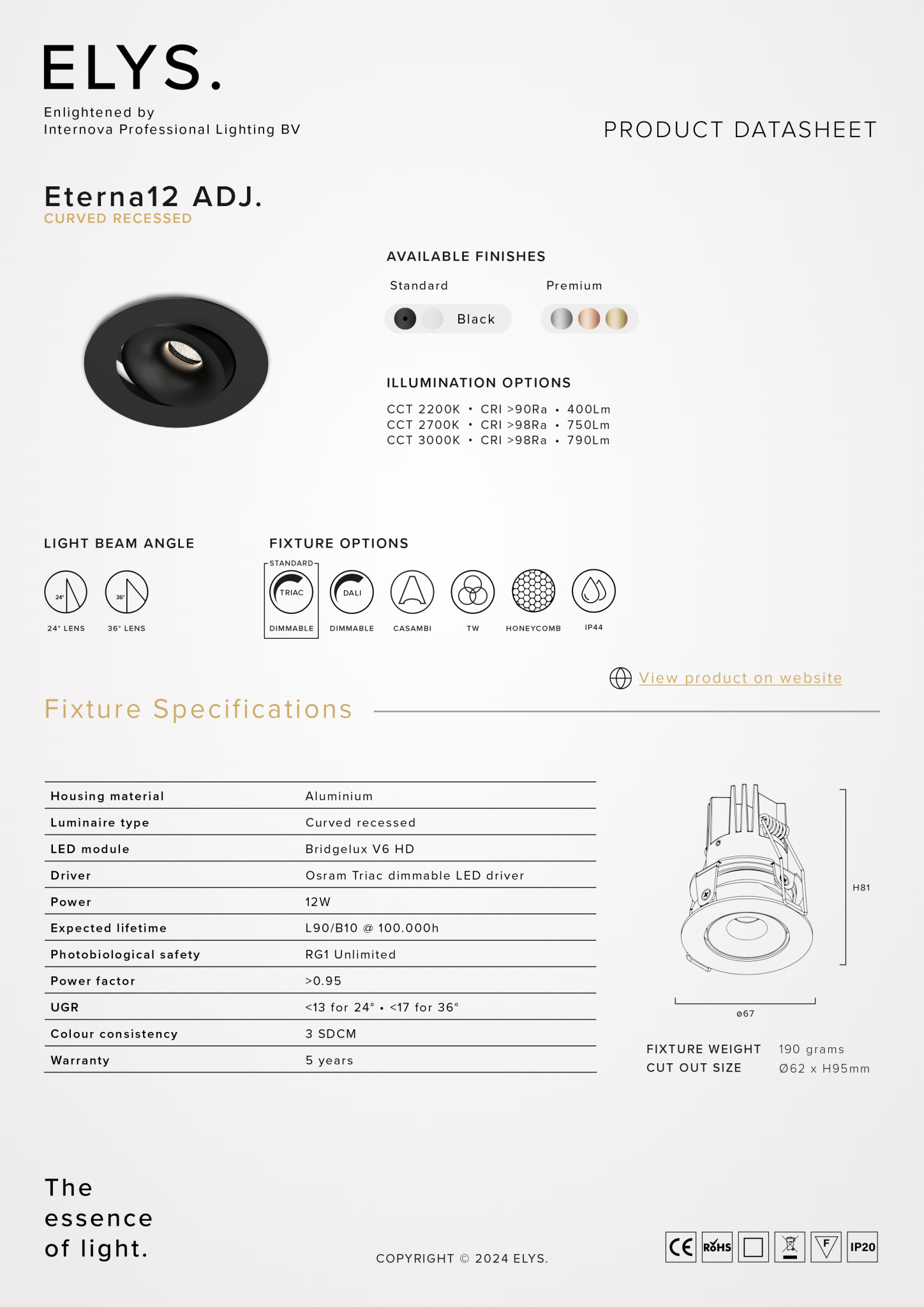 Elys Eterna 12 ADJ. Inbouwarmatuur Curved Recessed - VerlichtWonen