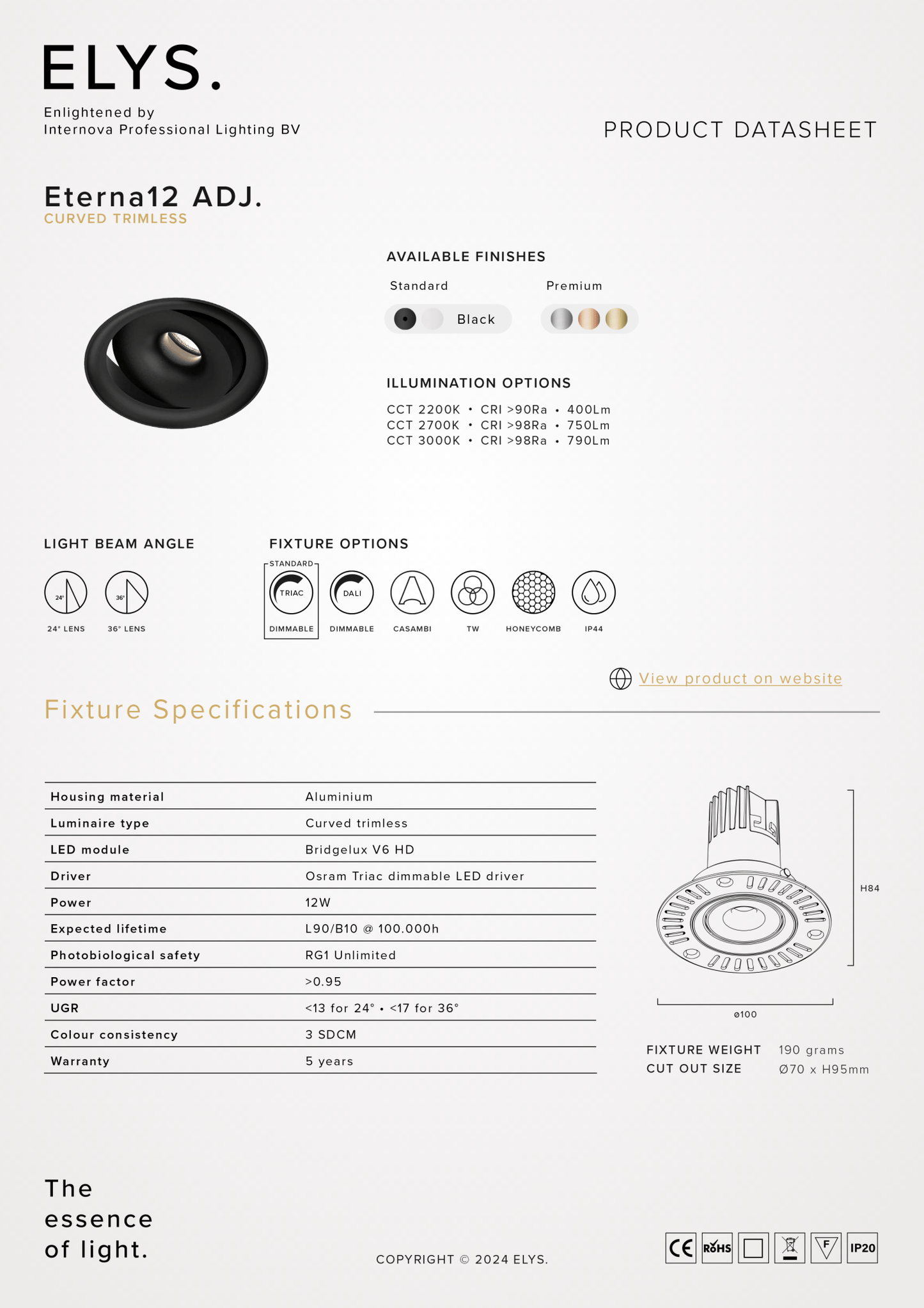Elys Eterna 12 ADJ. Inbouwarmatuur Curved Trimless - VerlichtWonen