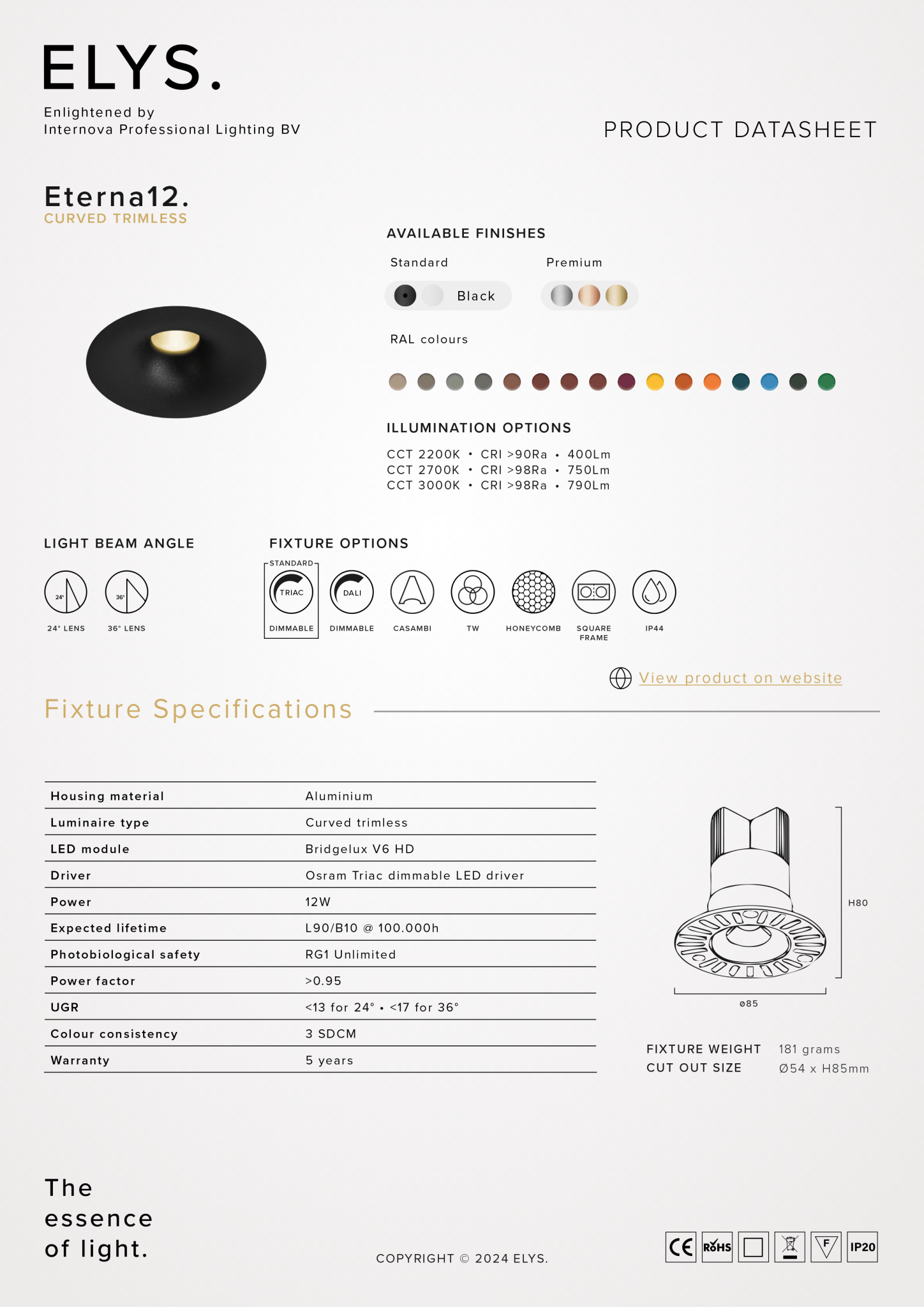 Elys Eterna 12 Inbouwarmatuur Curved trimless - VerlichtWonen