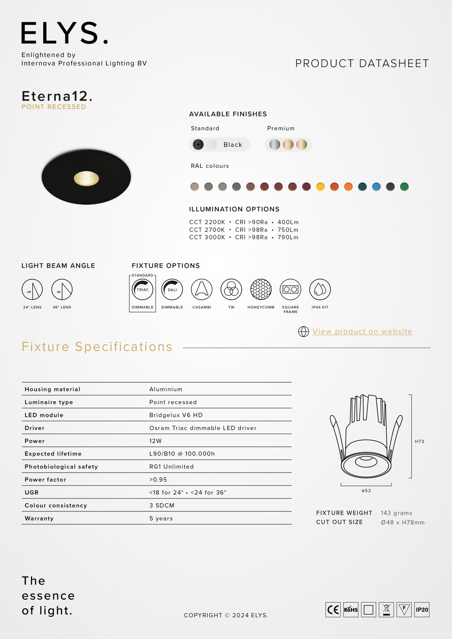 Elys Eterna 12 Inbouwarmatuur Point Recessed - VerlichtWonen