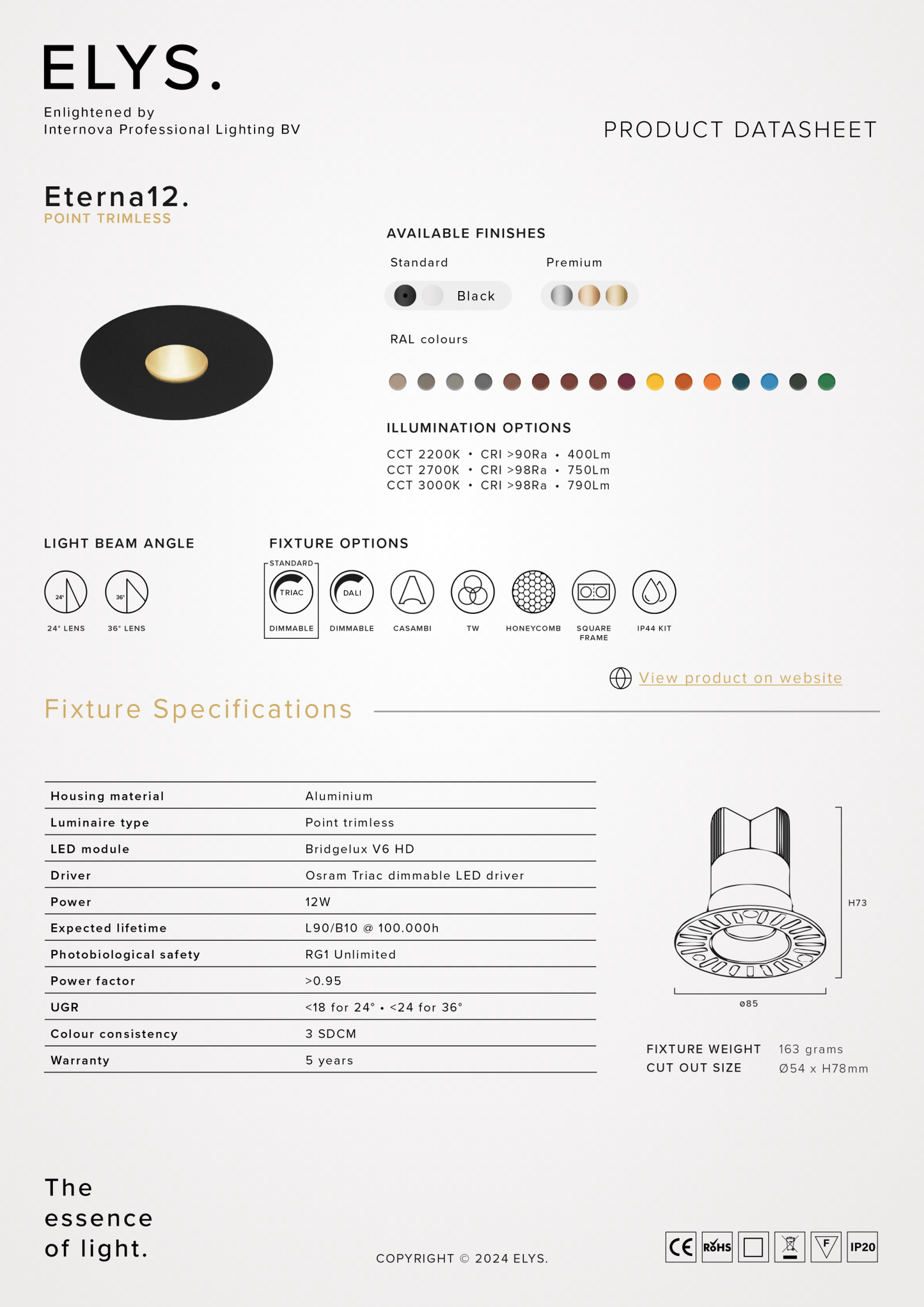 Elys Eterna 12 Inbouwarmatuur Point trimless - VerlichtWonen