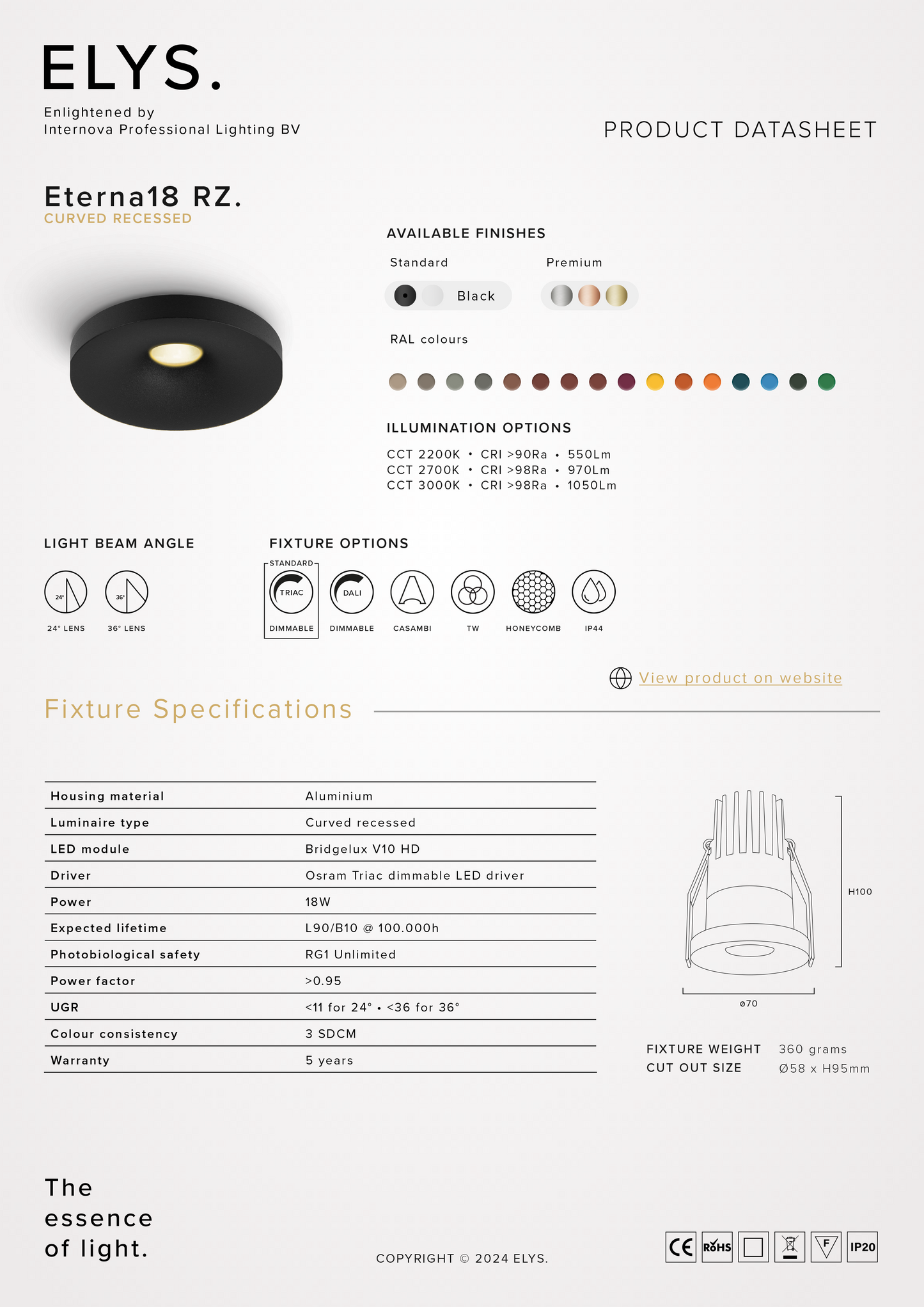 Elys Eterna 18 RZ. Inbouwarmatuur Curved Recessed